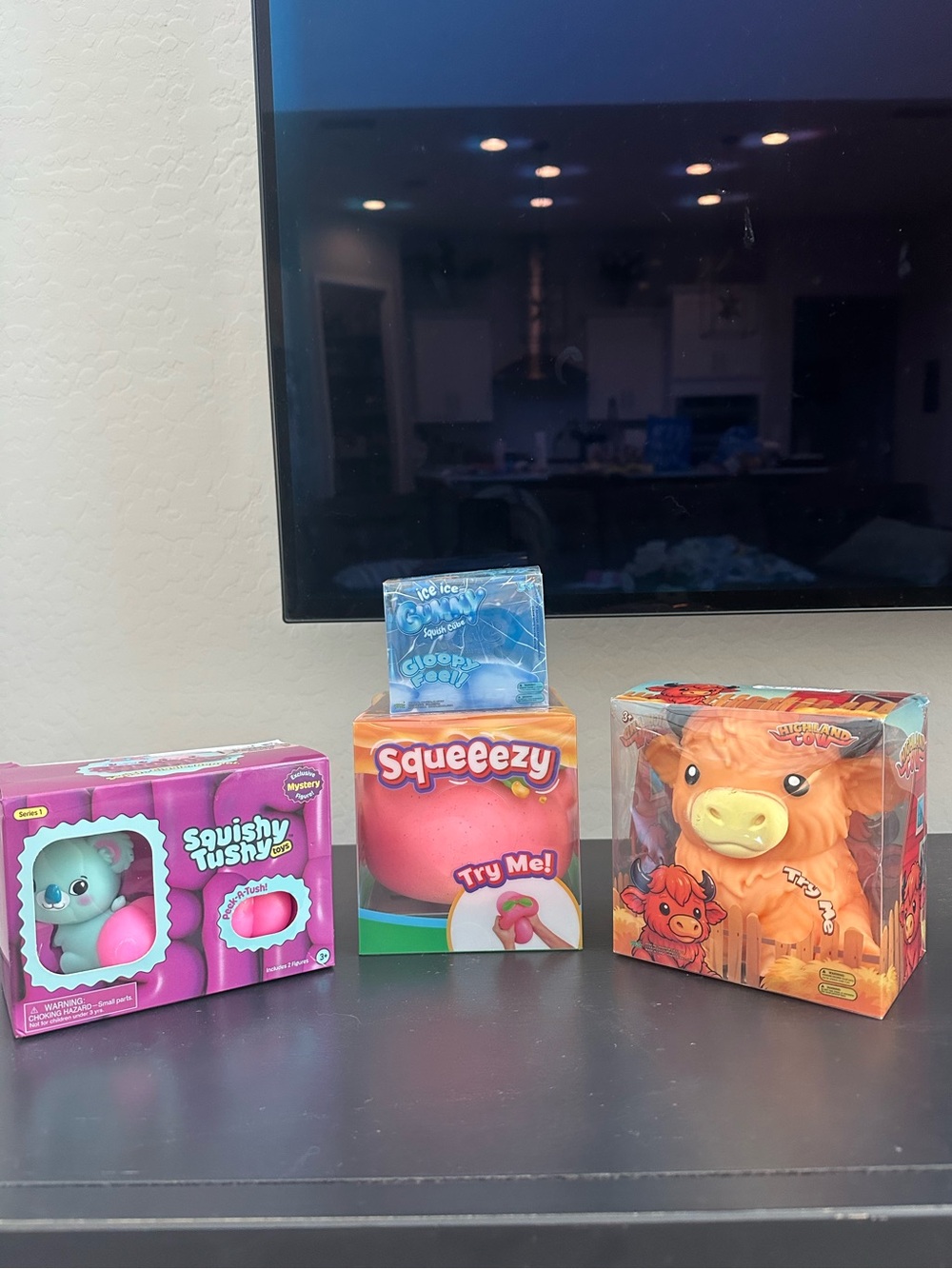 Viral Squishy Bundle Squeezy Peach, Highland Cow, Squishy Tushie & Gummy Cube